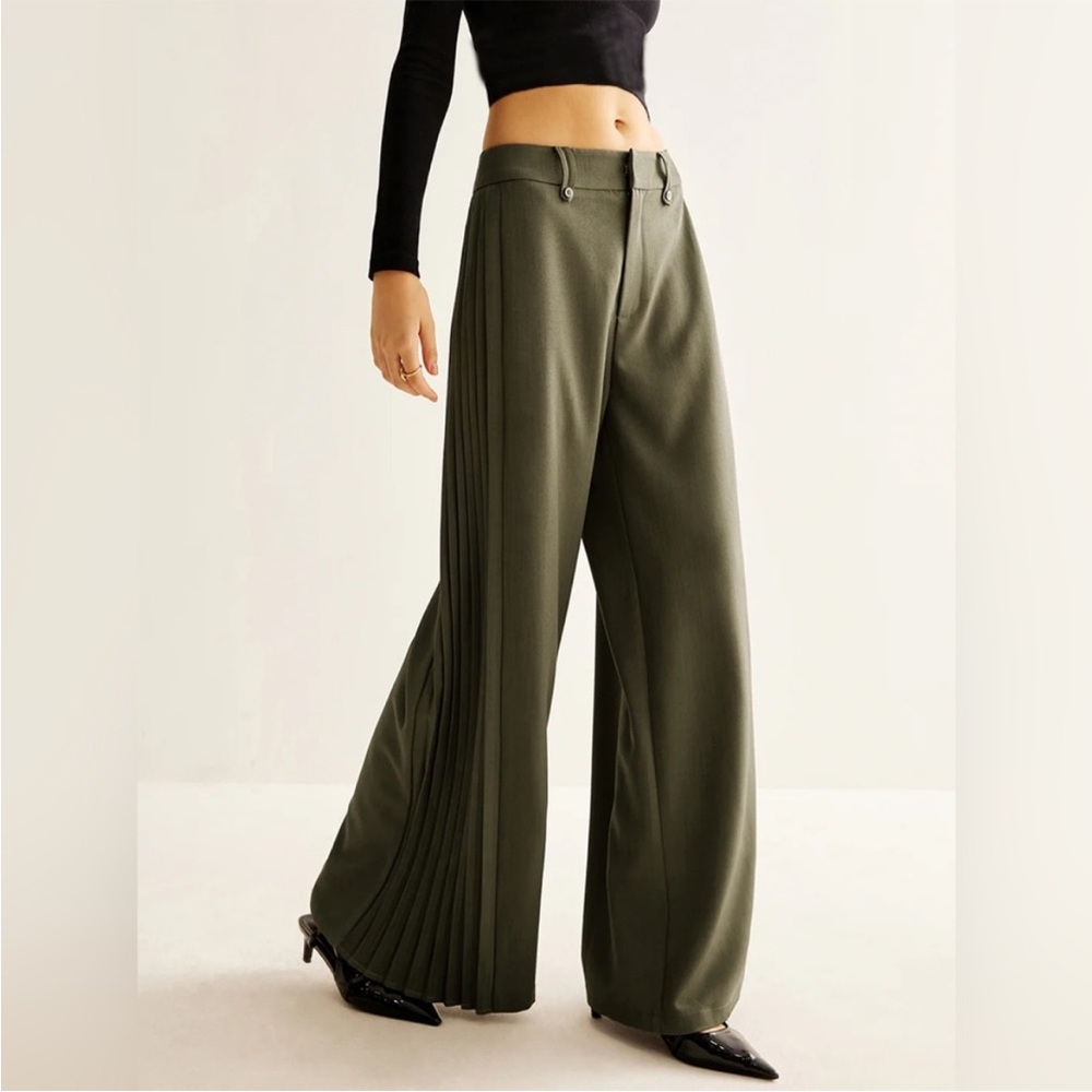 Commense Olive Green Wide-Leg Pleated Pants